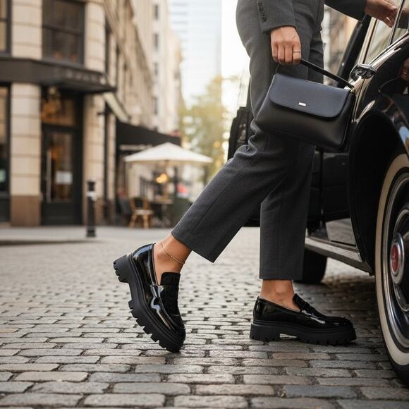 Stuart Weitzman Bedford Loafer Platform Slip On Womens 9.5 Black Patent Leather - Picture 1 of 13